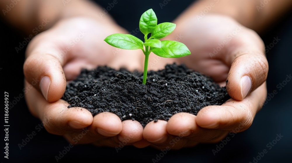 Hands Nurturing a Green Seedling Emerging from Dark Fertile Soil Symbolizing Growth, Hope, and Environmental Sustainability in Nature Conservation Hands Nurturing a Green Seedling Emerging from Dark Fertile Soil Symbolizing Growth, Hope, and Environmental Sustainability in Nature Conservation
