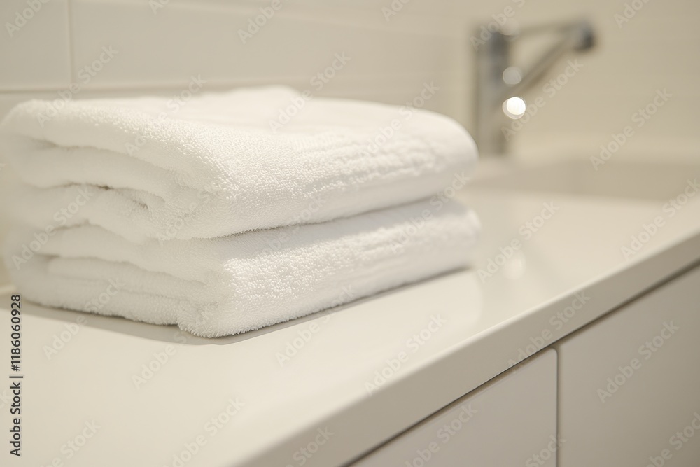 Stacked White Towels on a Modern Bathroom Countertop Stacked White Towels on a Modern Bathroom Countertop