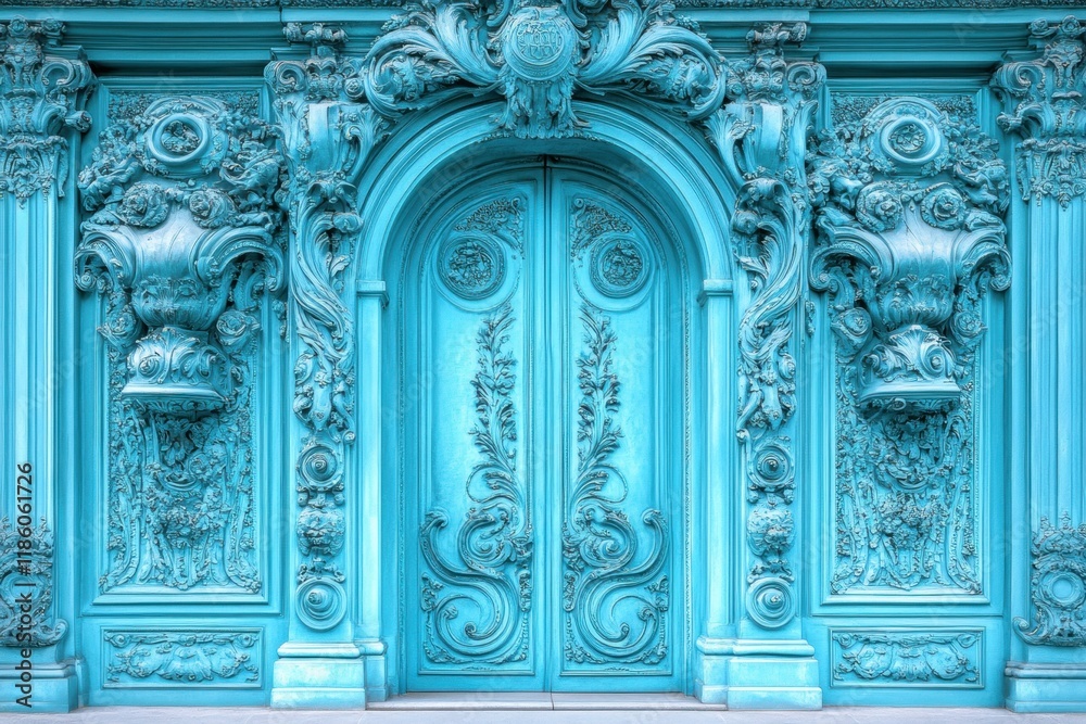 Ornate Blue Door with Intricate Floral Details and Decorative Frame Ornate Blue Door with Intricate Floral Details and Decorative Frame