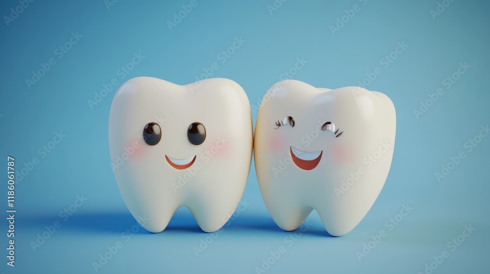 Fototapeta premium 3D Cute healthy tooth,tooth character with toothbrush ,Dental care illustration set,childrens dentistry concept,pain and lean on other teeth cause of tooth decay,dental care for kids.