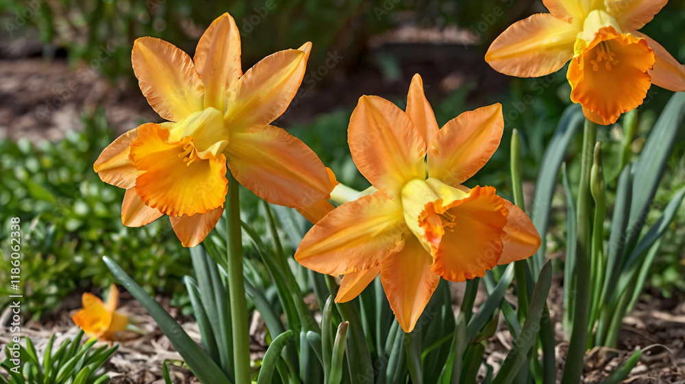 Garden & Landscape, Orange centered yellow jonquils to brighten a garden. Garden & Landscape, Orange centered yellow jonquils to brighten a garden.