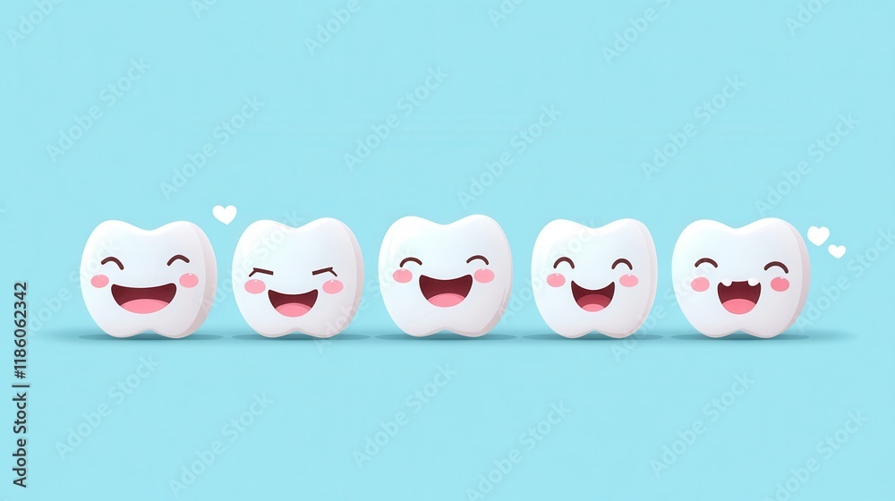 Fototapeta premium 3D Cute healthy tooth,tooth character with toothbrush ,Dental care illustration set,childrens dentistry concept,pain and lean on other teeth cause of tooth decay,dental care for kids.
