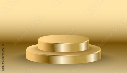 Realistic golden blank product podium scene isolated on gold background. Gold metallic shape for product branding. Vector concept