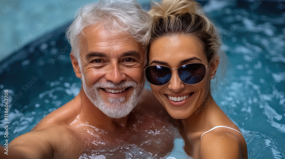 Mature caucasian man and young caucasian woman enjoying a pool day Mature caucasian man and young caucasian woman enjoying a pool day