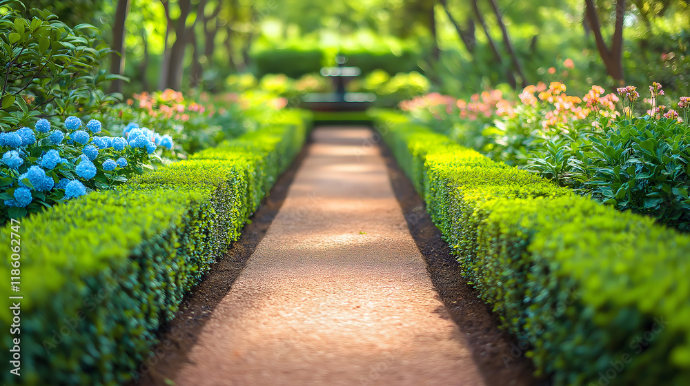 Obraz premium A serene garden path lined with vibrant blue hydrangeas and colorful blooms, leading through lush greenery and manicured hedges, offering a peaceful, tranquil setting for outdoor relaxation.