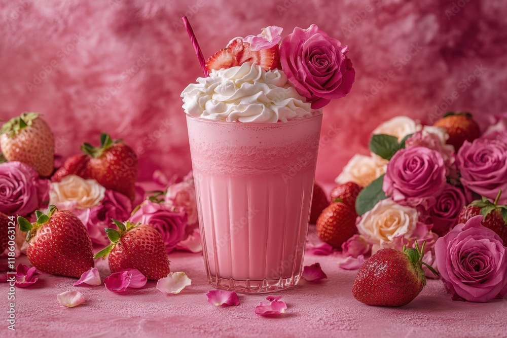 Pink Milkshake with Cream and Flowers on a Soft Pink Background Pink Milkshake with Cream and Flowers on a Soft Pink Background