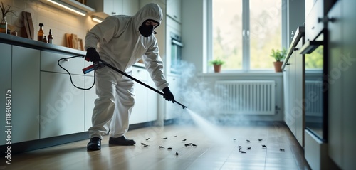 Pest control specialist sprays insecticide in residential kitchen. Person wears protective gear like mask, white protective suit. Smoke covers floor. Many cockroaches on floor. Pro pest control