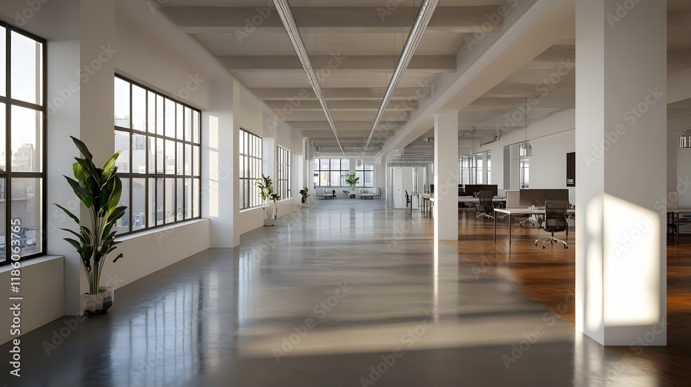 Fototapeta premium Modern Office Space Sunlight Illuminates Minimalist Design