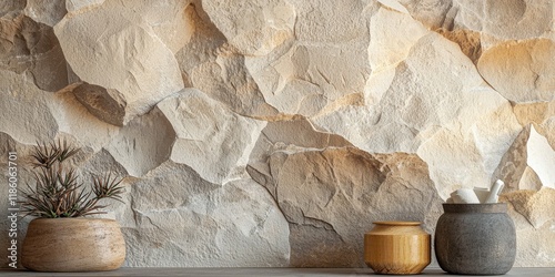 Textured wallpaper mimicking rough sandstone in a luxury bathroom