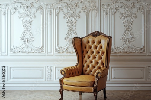Elegant vintage armchair against decorative ornate wall background