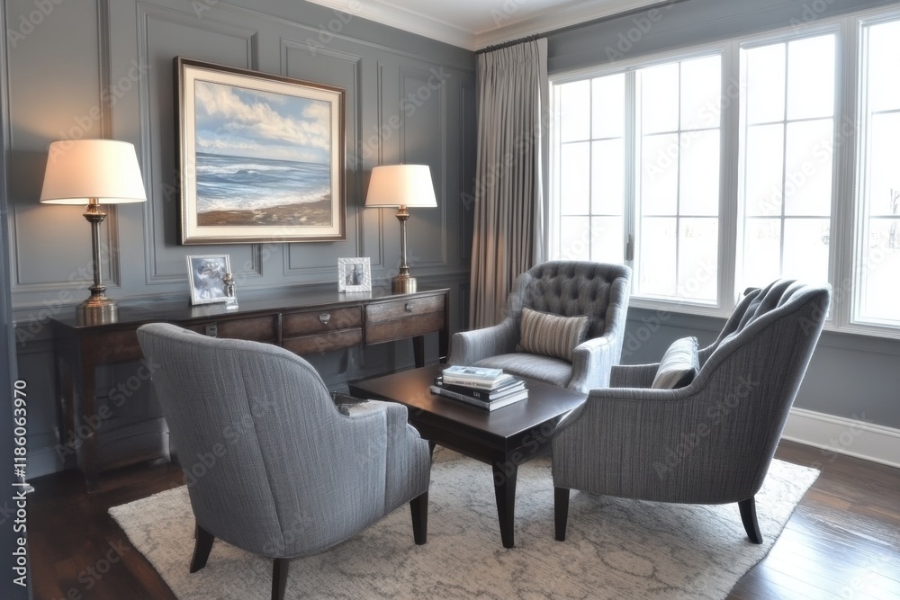 Fototapeta premium Cozy Living Room with Elegant Furniture and Soft Lighting