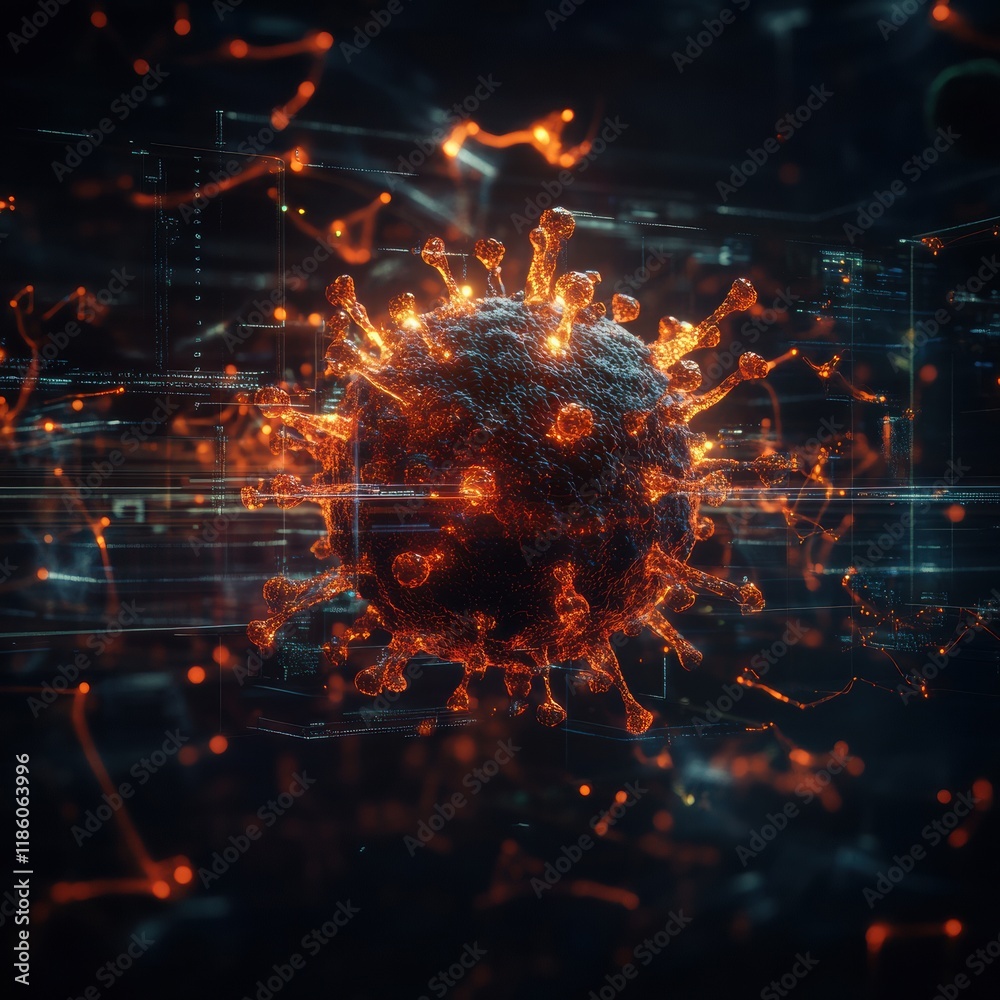 Obraz premium Detailed 3D visualization reveals intricate structure of a virus showing capsules, spikes, and RNA strands with glowing features. Generative AI