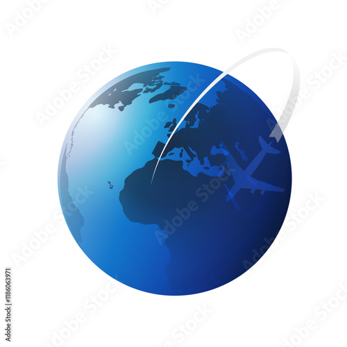 Traveling Around the World - Aviation, Travel by Airplane Concept - Earth Globe Design with Plane, Template Isolated on White Background