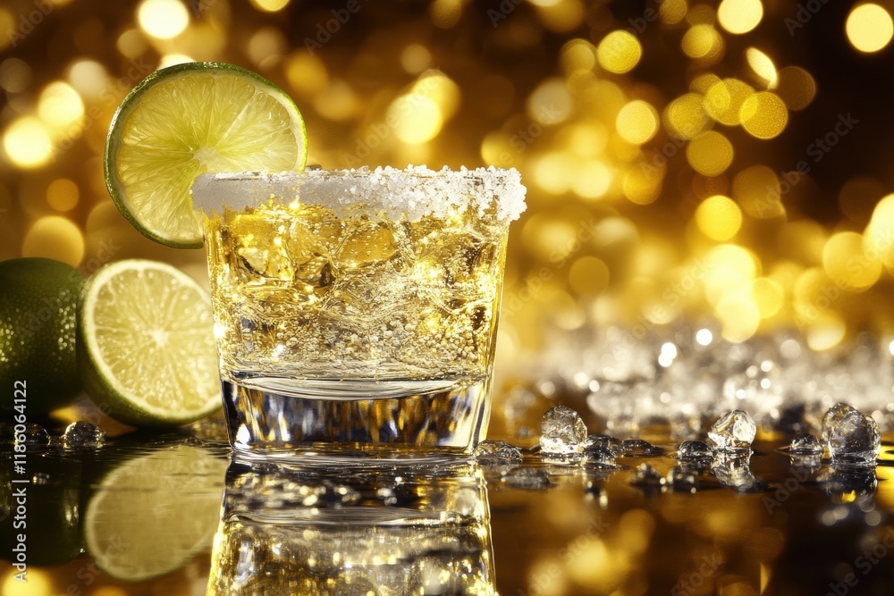 Refreshing Cocktail with Lime and Ice Against Sparkling Background Refreshing Cocktail with Lime and Ice Against Sparkling Background
