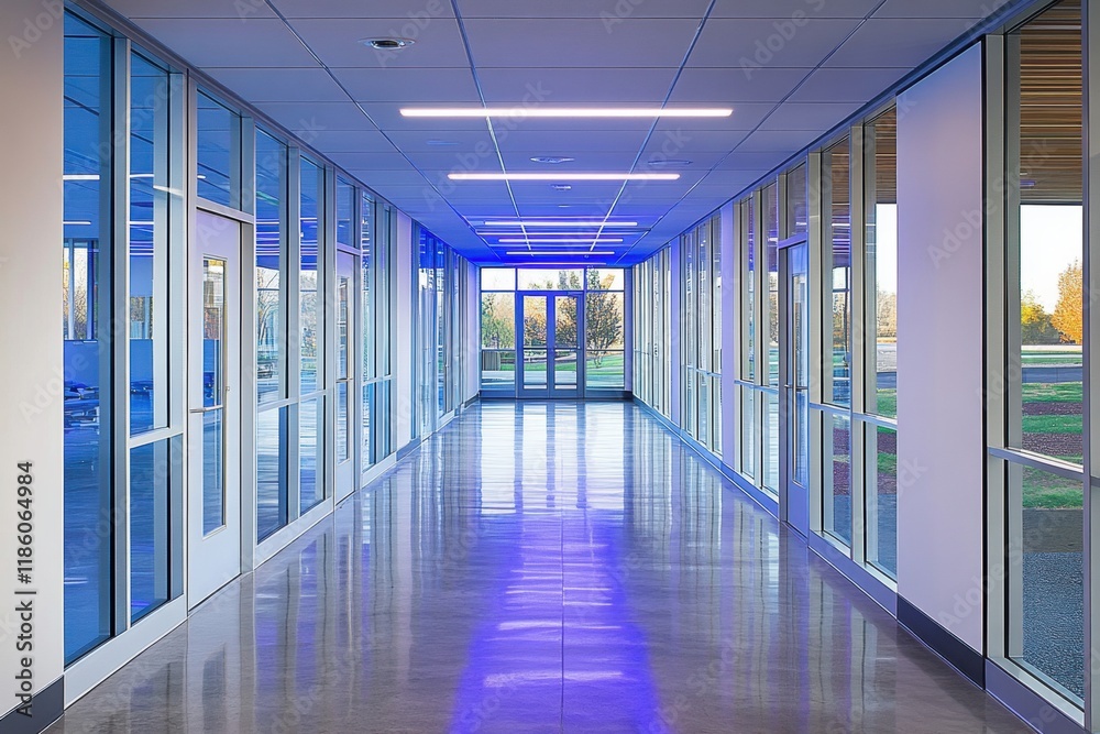 Modern Office Corridor with Bright Lighting and Glass Walls Modern Office Corridor with Bright Lighting and Glass Walls