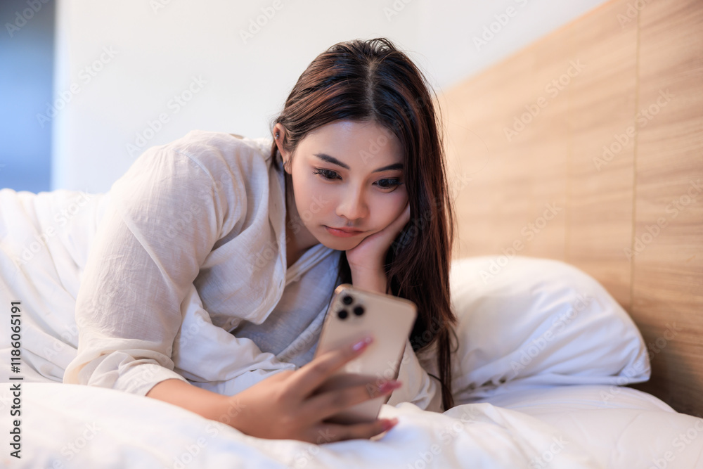woman feel uncomfortable and stressed when she saw a message on her phone while lying on a bed in bedroom inside an apartment. woman feel uncomfortable and stressed when she saw a message on her phone while lying on a bed in bedroom inside an apartment.