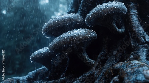 Detailed Close-Up of Mushrooms with Water Droplets in Rainy Forest photo