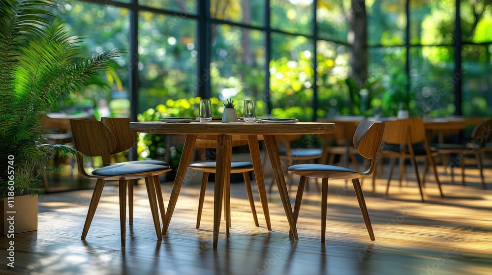 Modern Dining Area with Wooden Furniture and Lush Greenery View Modern Dining Area with Wooden Furniture and Lush Greenery View