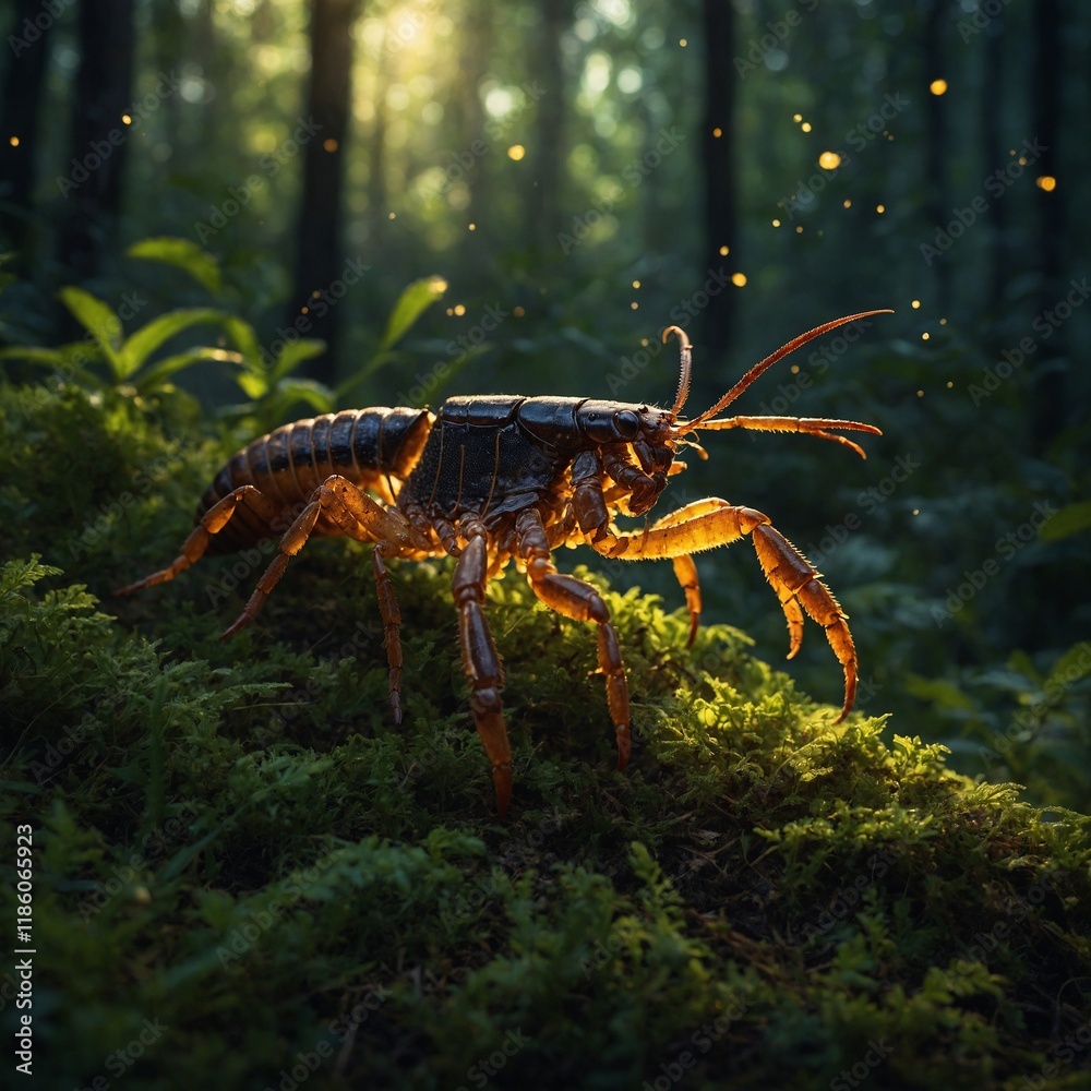 A scorpion illuminated by the soft glow of fireflies in a forest clearing. A scorpion illuminated by the soft glow of fireflies in a forest clearing.