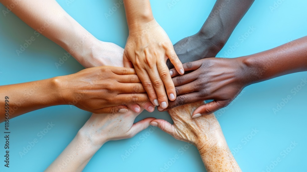 Close-up Diverse hands of various skin tones placed together on blue surface, symbolizing harmony and collaboration among individuals. International Day of Human Fraternity, Zero Discrimination Day Close-up Diverse hands of various skin tones placed together on blue surface, symbolizing harmony and collaboration among individuals. International Day of Human Fraternity, Zero Discrimination Day