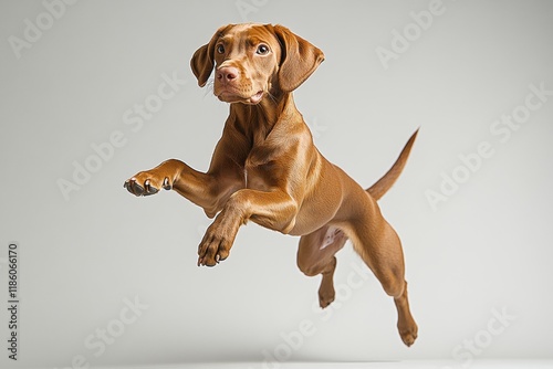 Playful Brown Dog in Mid-Air Leap Against Neutral Background photo