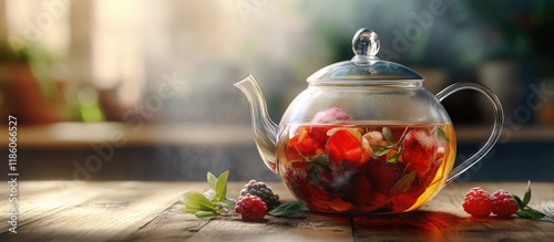 Tea in a glass teapot Herbal tea featuring berries. with copy space image. Place for adding text or design photo