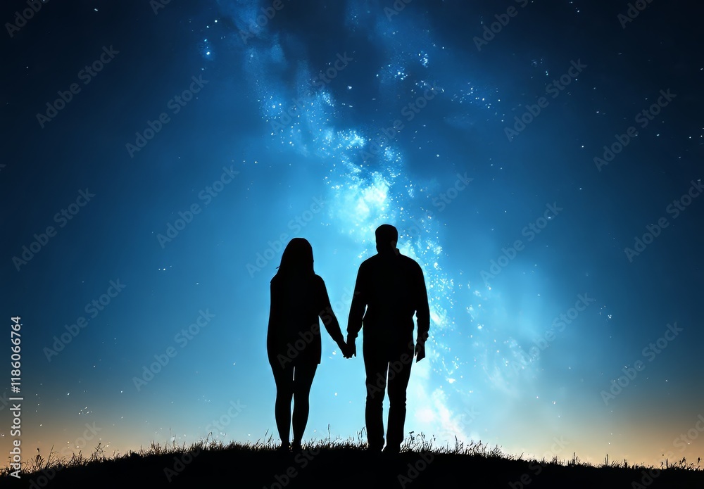 Two people enjoy the starry night sky from a hilltop, with the magnificent Milky Way stretching above Two people enjoy the starry night sky from a hilltop, with the magnificent Milky Way stretching above