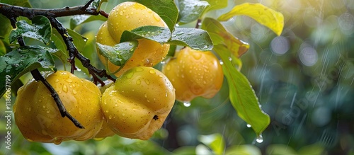 Yellow quinces on tree bran...