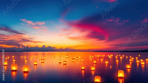 A serene sunset over a calm water surface, dotted with glowing lanterns, creating a magical and peaceful atmosphere. photo