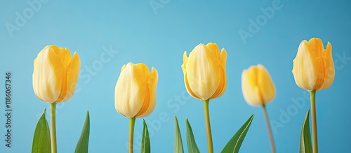 Yellow tulips rest on a blu...