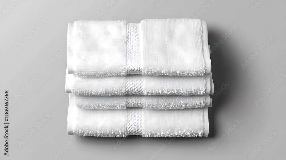 Stack of four clean, white, fluffy bath towels on gray background. Stack of four clean, white, fluffy bath towels on gray background.