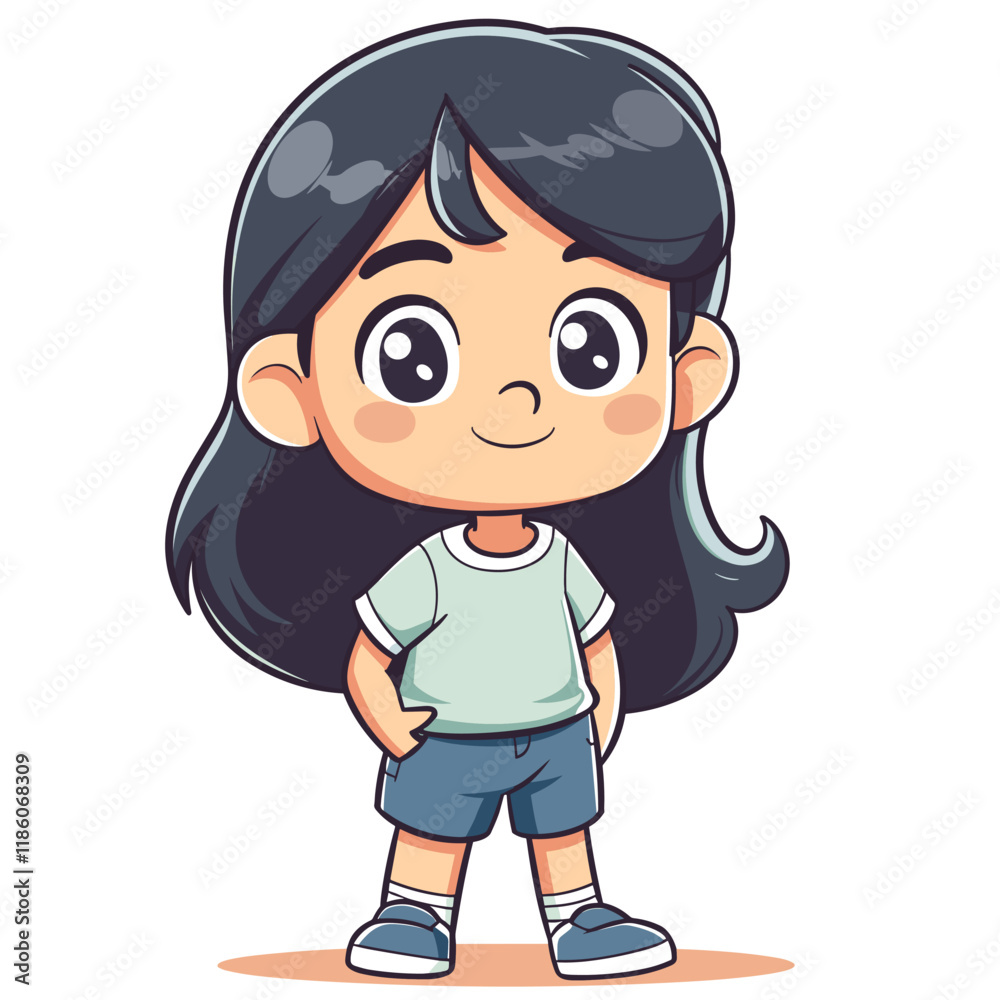 Fototapeta premium Cute little Asian girl cartoon character vector illustration graphic design