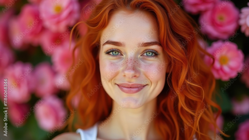 Beautiful bright cheerful happy young red-haired woman with curly hair, blue eyes, freckles, against the background of a wall of fresh pink flowers. Beautiful bright cheerful happy young red-haired woman with curly hair, blue eyes, freckles, against the background of a wall of fresh pink flowers.