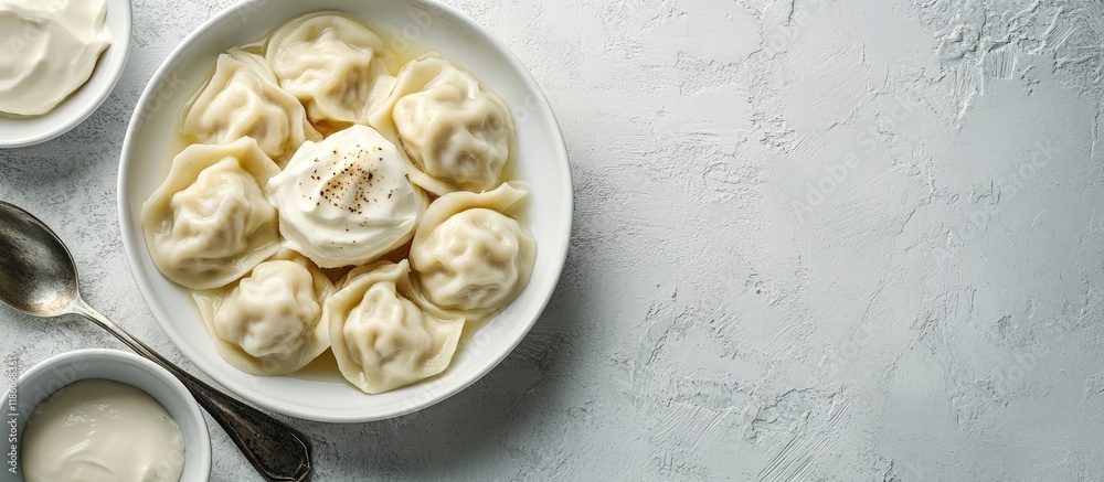 Russian and Ukrainian dishes Lazy dumplings served with sugar butter and sour cream in a white plate alongside a spoon on a light grey backdrop Flatlay top view Background image copyspace Russian and Ukrainian dishes Lazy dumplings served with sugar butter and sour cream in a white plate alongside a spoon on a light grey backdrop Flatlay top view Background image copyspace