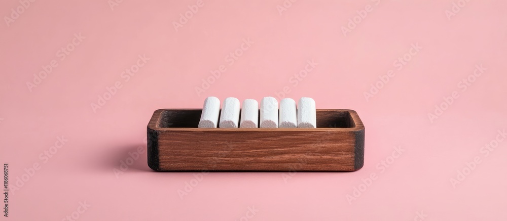 white chalk for writing on a board in a brown wooden box set against a pink background. with copy space image. Place for adding text or design white chalk for writing on a board in a brown wooden box set against a pink background. with copy space image. Place for adding text or design