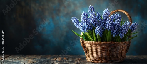 Spring floral idea featuring muscari flowers in a basket set against a dark wooden background. with copy space image. Place for adding text or design
