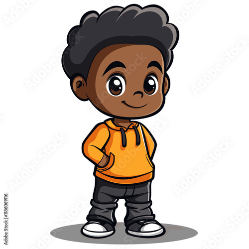 Cute African American boy in casual clothes cartoon vector illustration.