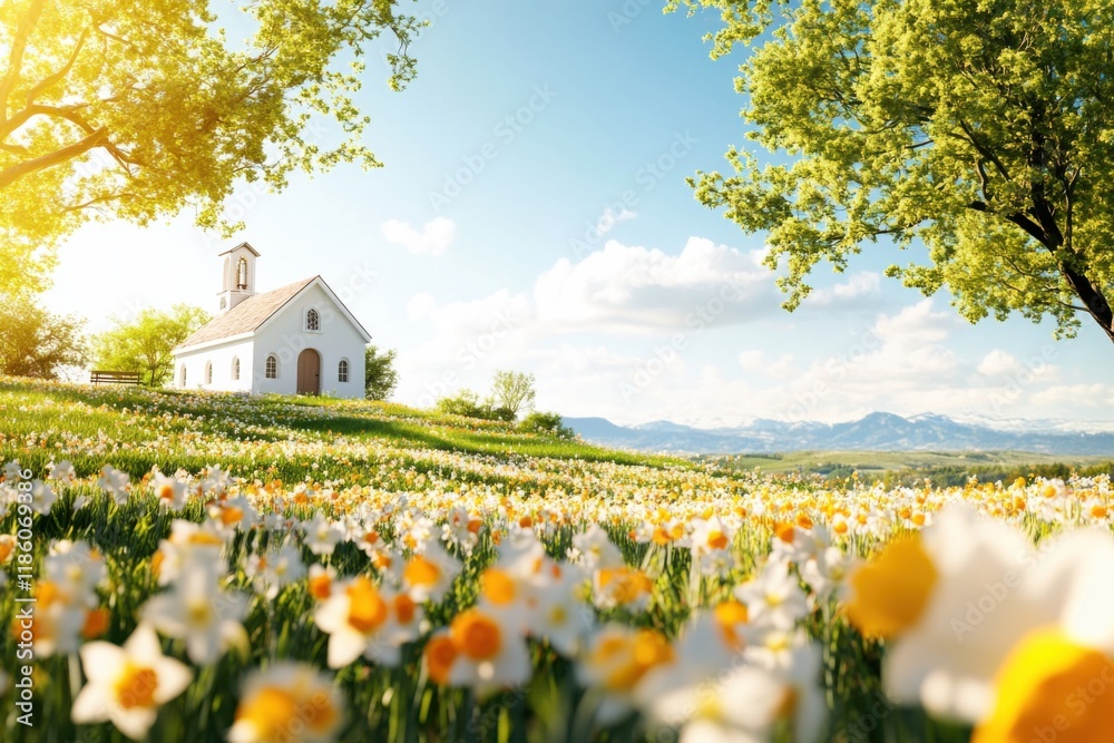 Obraz premium Serene countryside chapel surrounded by vibrant daffodils and tulips in spring sunlight