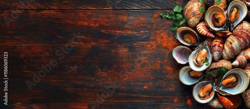 Top view of Asian shellfish...