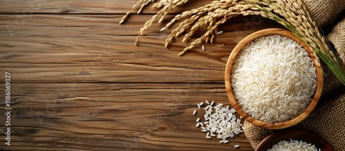 Fresh rice on a wooden tabl...