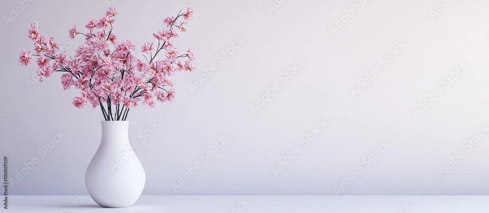 Artificial pink flowers in a white vase on a white table. with copy space image. Place for adding text or design Artificial pink flowers in a white vase on a white table. with copy space image. Place for adding text or design