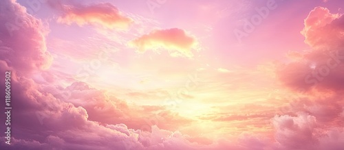 Red violet and orange sunset hues fill the overcast sky with fluffy clouds. with copy space image. Place for adding text or design
