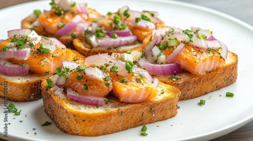 Deliciously Crafted Toast with Fresh Salmon, Red Onions, and Herbs on a White Plate Perfect for Appetizers or Gourmet Meals Deliciously Crafted Toast with Fresh Salmon, Red Onions, and Herbs on a White Plate Perfect for Appetizers or Gourmet Meals