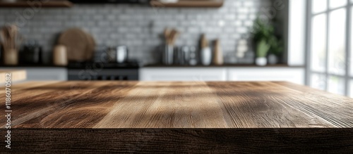Wood table top set against ...