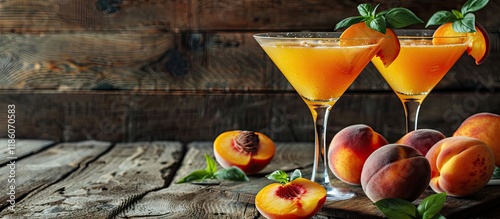 Refreshing summer beverage peach martini cocktails made with gin or vodka and garnished with fresh peaches wooden background copyspace photo