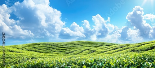 The background features tea plantations Nature copyspace background Blue sky with white clouds
