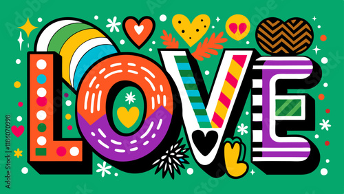 Vibrant Colorful LOVE Design - Valentine's Day Illustration - Bold Patterned Hearts.