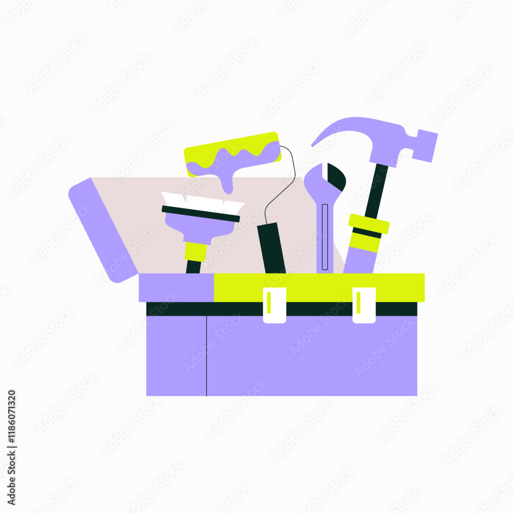 Toolbox With Tools Including Hammer Wrench And Paint Roller In Flat Vector Illustration Symbolizing Repair, Construction, And Maintenance, Isolated On White Background Toolbox With Tools Including Hammer Wrench And Paint Roller In Flat Vector Illustration Symbolizing Repair, Construction, And Maintenance, Isolated On White Background