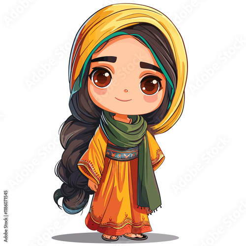 Vector illustration of Cute little Muslim girl in traditional clothes.