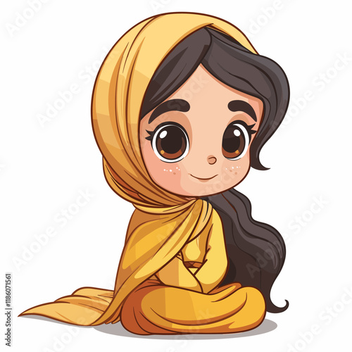 Vector illustration of Cute little Muslim girl in traditional clothes.